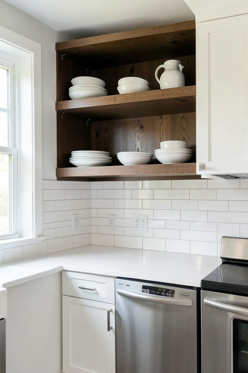 Black floating shelves with warm oak wood backing panel — open kitchen storage combining contemporary drama and natural warmth