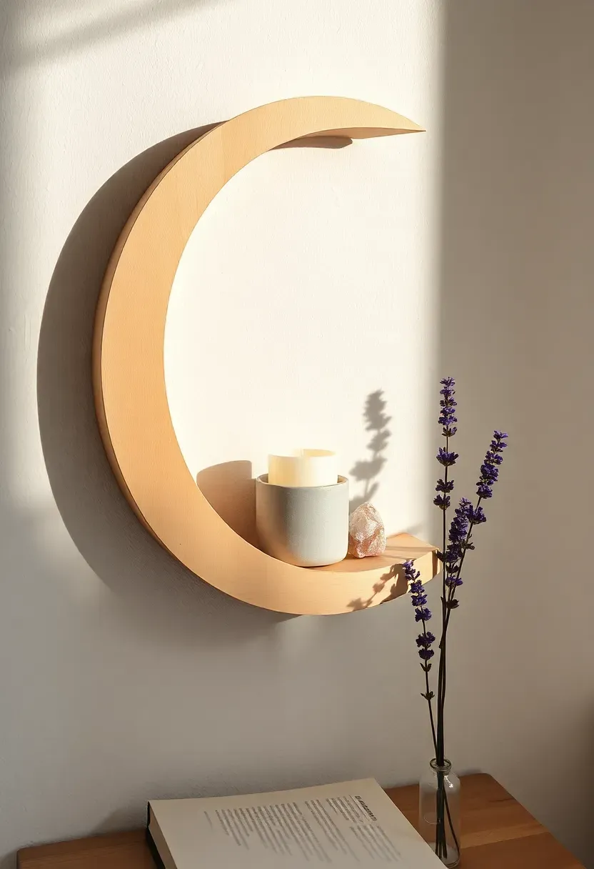 Wooden crescent moon shaped wall shelf holding small crystals, candles, and dried flowers against a white wall