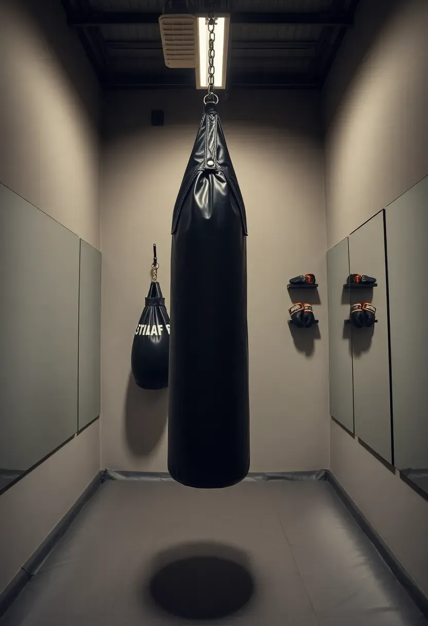 Alcove shadow boxing zone in a small home with padded floor mat, overhead lighting, and a freestanding heavy bag stand — no permanent wall installation