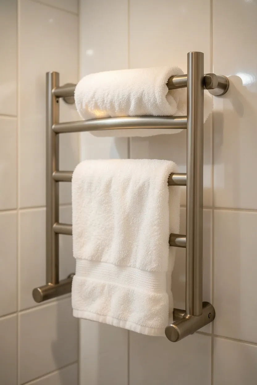 Brushed nickel heated towel rack mounted on bathroom wall with fluffy white towels draped over it, adding everyday luxury to a cozy apartment bathroom
