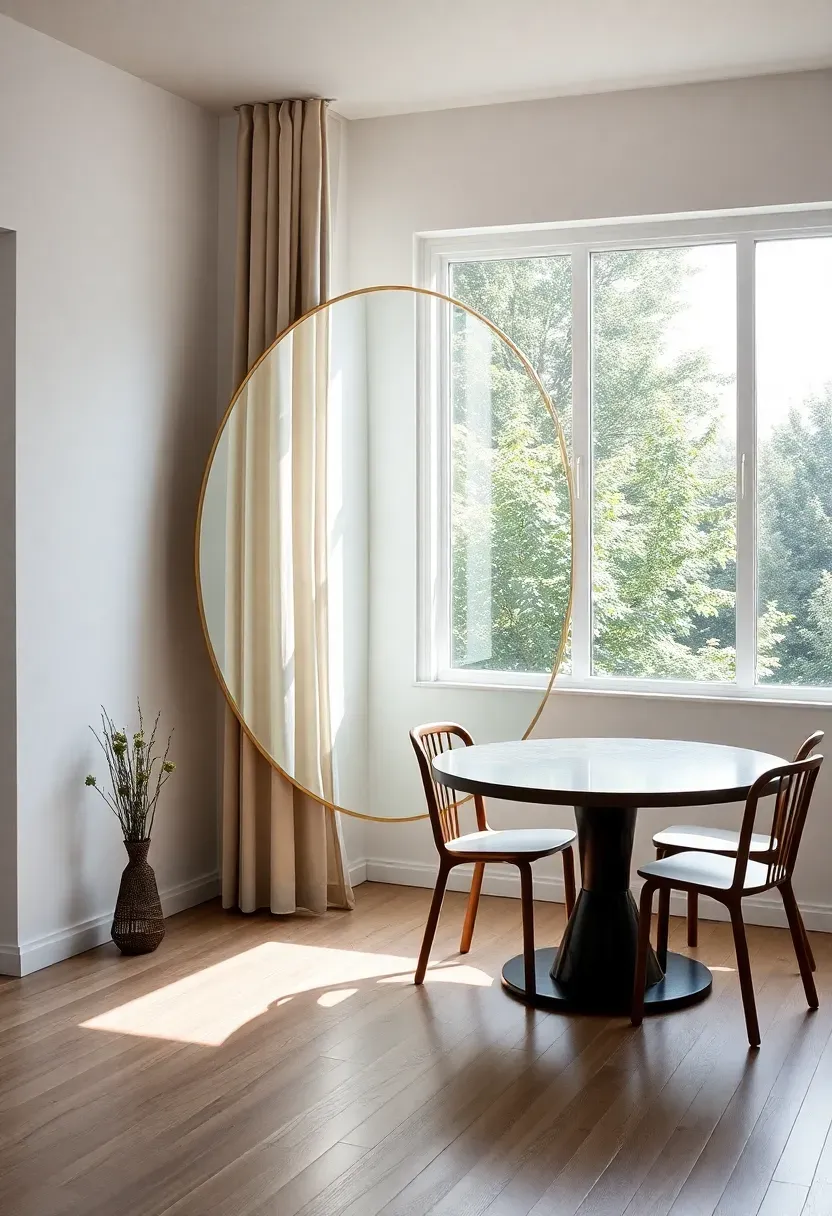 Hyper-realistic wide shot showing large round mirror (5ft diameter) placed opposite window in minimalist dining area. Mirror reflects outdoor greenery and natural light, effectively doubling brightness and sense of space. Materials: thin brass frame mirror, light wood floor, white walls, simple dining table reflected in mirror. Natural light pouring through window and reflecting off mirror surface. Mirror creates illusion of additional space beyond. Sharp focus on mirror and reflected image. Visible room context showing strategic mirror placement. No text, no logos, no watermarks.</p>
