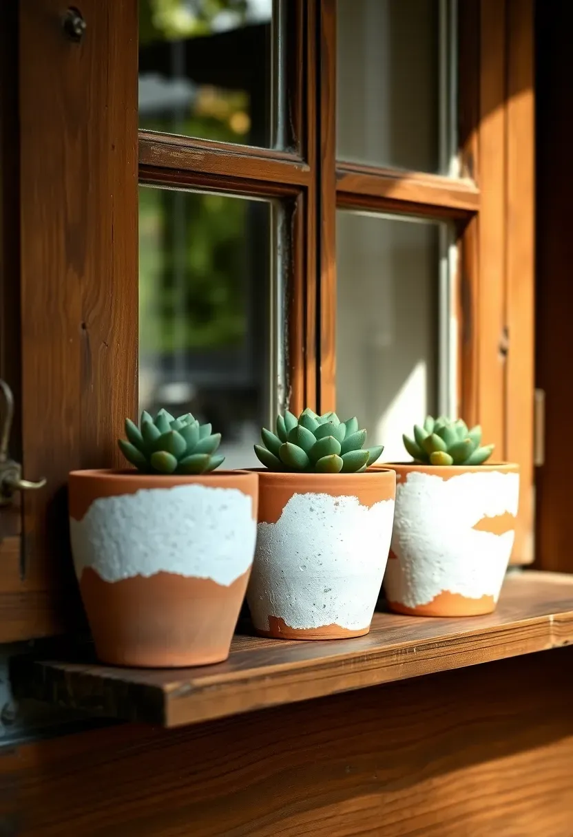 Faux aged terracotta pots with chalky white patina holding small succulents arranged on a vintage wooden windowsill