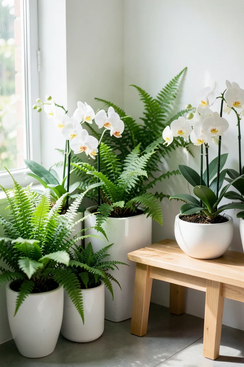 Lush green plant corner with ferns and pothos creating a spa retreat atmosphere in a Toca Boca mansion bathroom