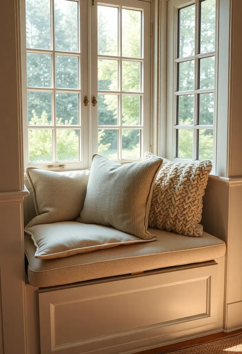 Built-in window seat with cream upholstered cushion and hidden storage beneath in a sunroom with divided-light windows and throw pillows