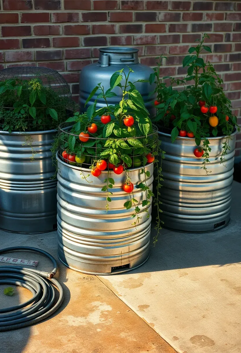 Three galvanized stock tanks being used as raised garden planters filled with tomatoes, peppers, and herbs on a patio