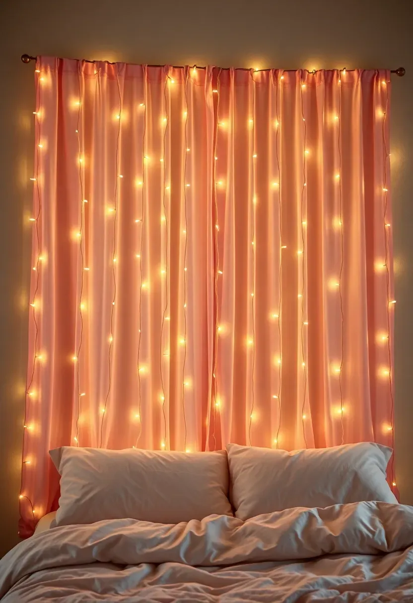 Bedroom wall covered in warm white fairy lights behind sheer pink curtains creating a magical glow
