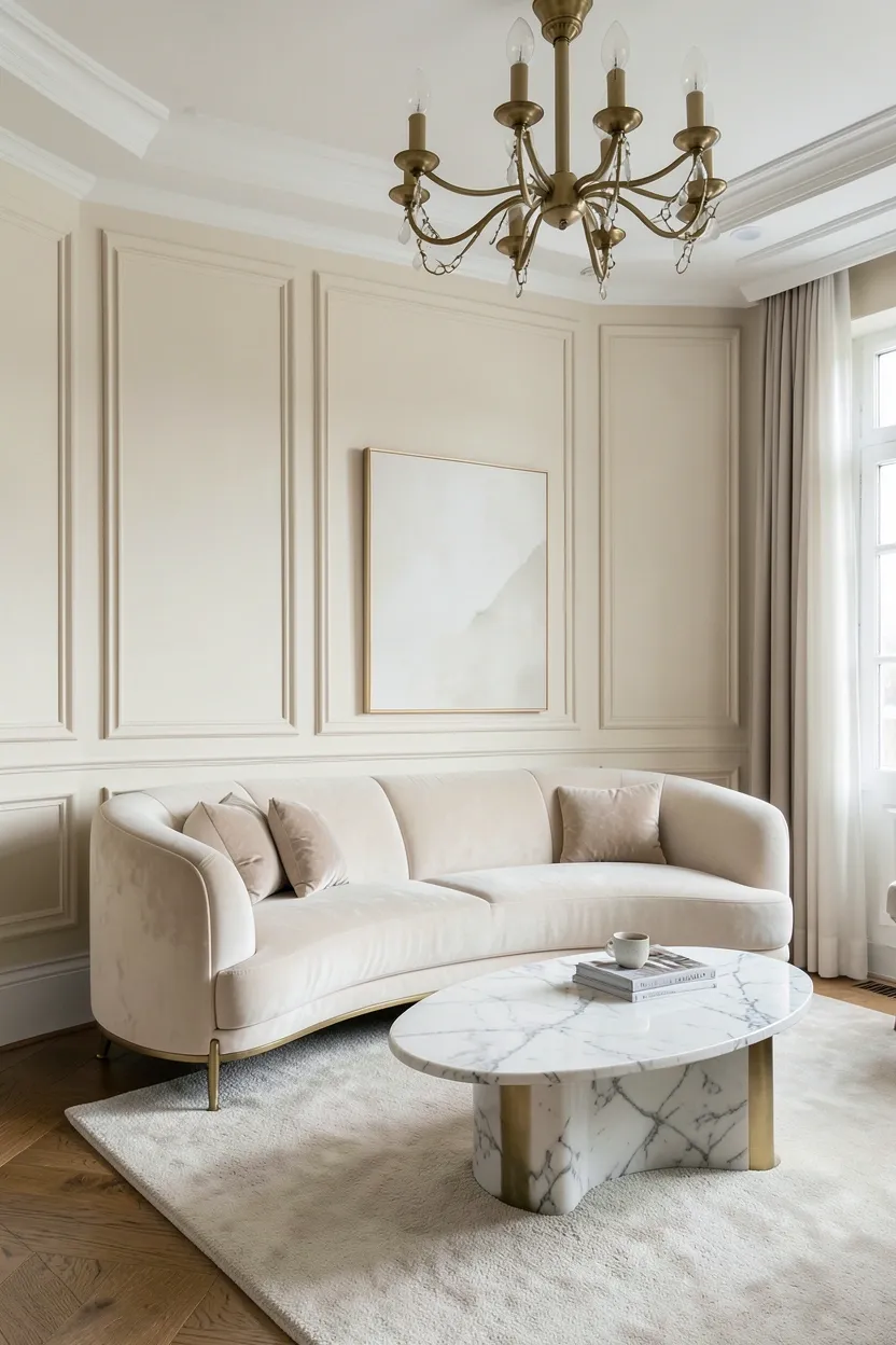 Curved cream bouclé sofa with rounded ottoman and arc floor lamp creating a soft, flowing modern luxury living room layout