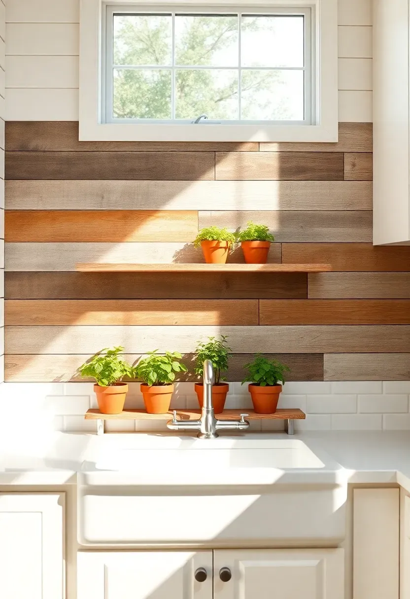 reclaimed wood plank accent backsplash behind a kitchen sink with white shiplap walls and potted herbs