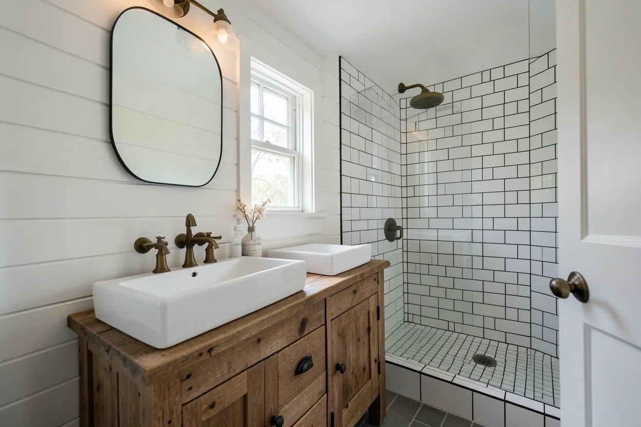 Modern farmhouse bathroom with white shiplap walls, wood vanity, and matte black hardware in a bright rental-friendly space