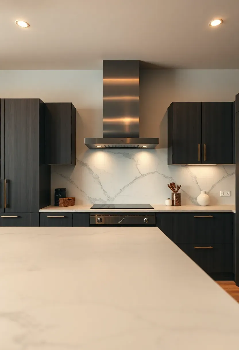 large format porcelain panel backsplash with marble veining from countertop to ceiling in a contemporary kitchen