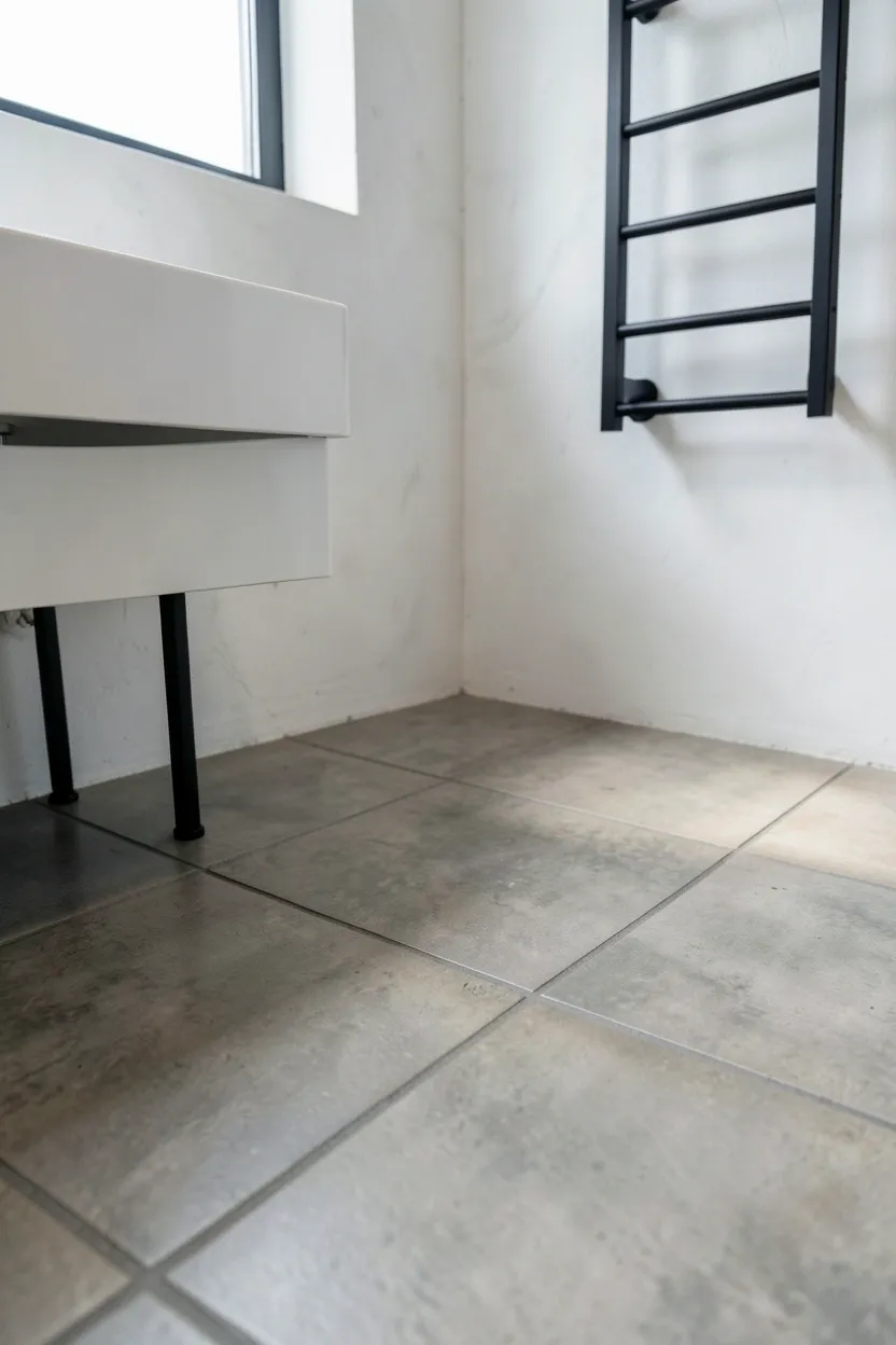 Hyper-realistic slightly elevated photograph of industrial bathroom floor showing large format polished concrete tiles. Warm gray concrete tiles with subtle texture variations, minimal gray grout lines, white vanity with black metal legs partially visible, black matte towel rack on wall. Materials: polished concrete floor tiles, white painted concrete walls, black metal fixtures, matte black towel rack. Natural light from window creating soft shadows on floor, seamless modern atmosphere. Shallow depth of field, sharp details on concrete tile texture and grout, balanced composition showing floor and vanity. No text, no logos, no watermarks.</p>