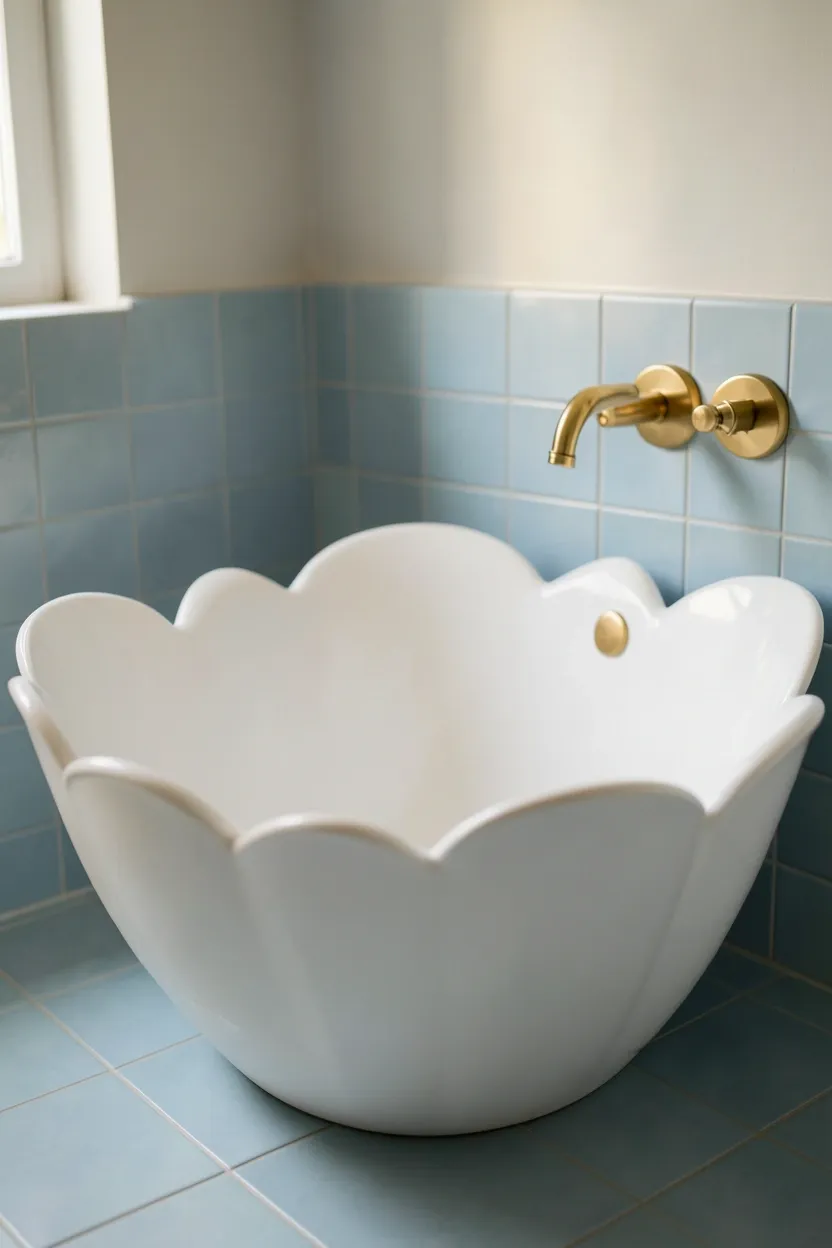 Freestanding flower-shaped white bathtub with petal edges as centerpiece in a colorful Toca Boca mansion bathroom