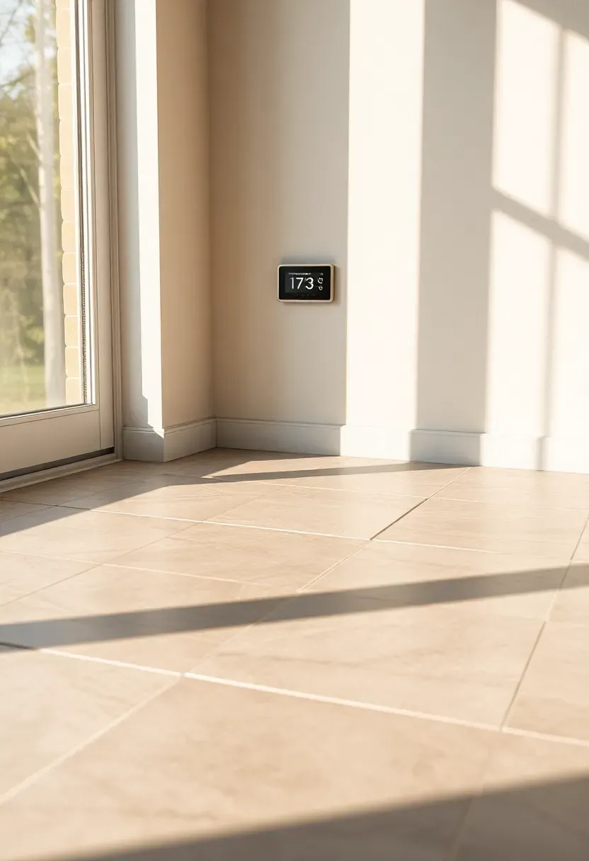 Radiant floor heating beneath patterned ceramic tile in an enclosed sunroom, warm tones and winter garden visible through glass