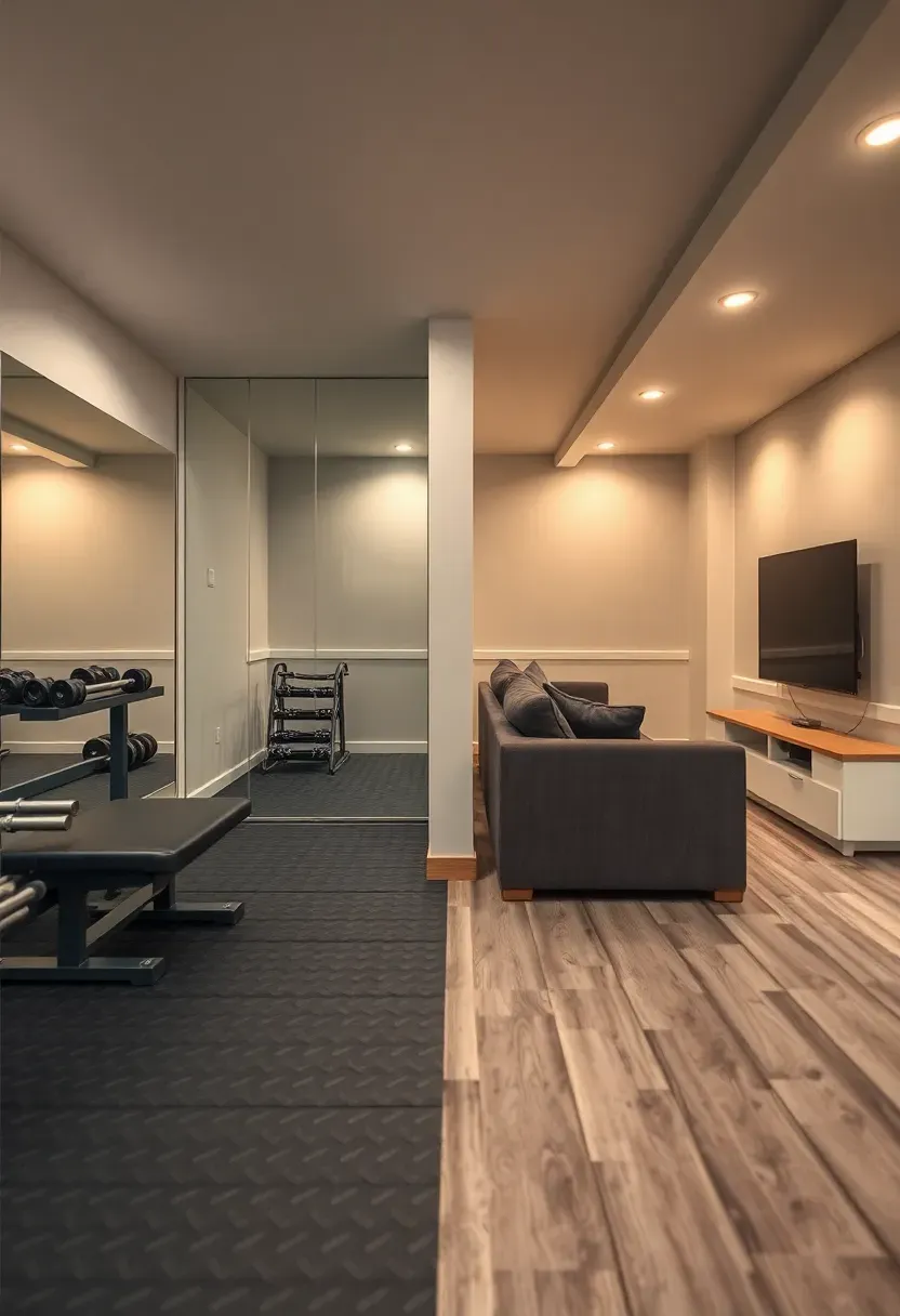 Basement split into a home gym half with rubber flooring and mirror wall and a recreation half with a couch and TV separated by a half-wall divider