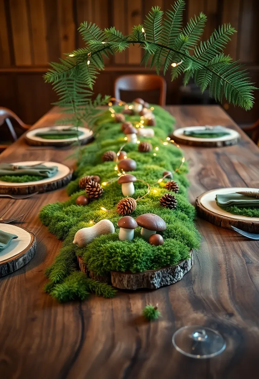 Woodland forest theme table with moss runner, mushroom figurines, pinecones, log slice plates, and fern accents