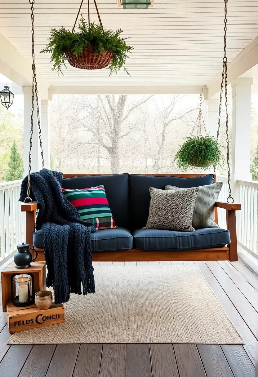 Hyper-realistic wide shot of a covered front porch featuring a wooden porch swing suspended by chains from the ceiling. The swing is outfitted with thick navy outdoor cushions and three pillows in burgundy, forest green, and cream plaid. A chunky knit charcoal throw blanket is draped across one corner. Below the swing, a neutral outdoor rug covers the wood floor. Beside the swing, a wooden crate serves as a side table holding a lantern and a mug. Above, a hanging basket with evergreen arrangement. Porch has white beadboard ceiling and painted wood floors. Soft afternoon light. No text, no logos, no watermarks.</p>