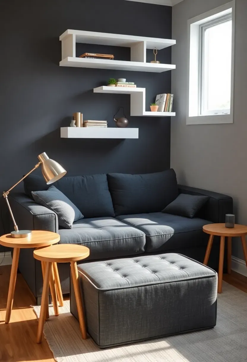 Hyper-realistic 3/4 view of small living room with dark grey sleeper couch, wall-mounted floating shelves above, storage ottoman in matching grey, nesting tables, floor lamp with adjustable arm. Materials: charcoal fabric, white matte shelves, light oak nesting tables, brushed steel lamp. Bright natural light from small window, space-saving arrangement. Small space mood like efficient urban apartment. Shallow depth of field, visible storage ottoman detail. No text, no logos, no watermarks.</p>