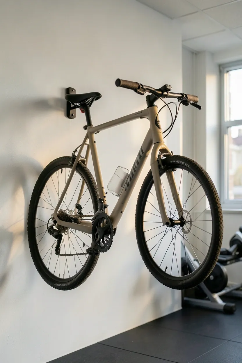 Heavy-duty wall hook holding a bicycle horizontally against a white gym wall — space-saving bike storage that frees up floor area in a home workout room