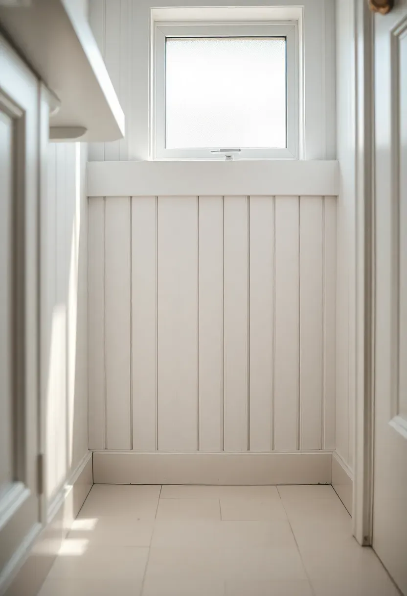 White shiplap half-wall wainscoting in a rental bathroom with sage green paint above — budget DIY wall treatment