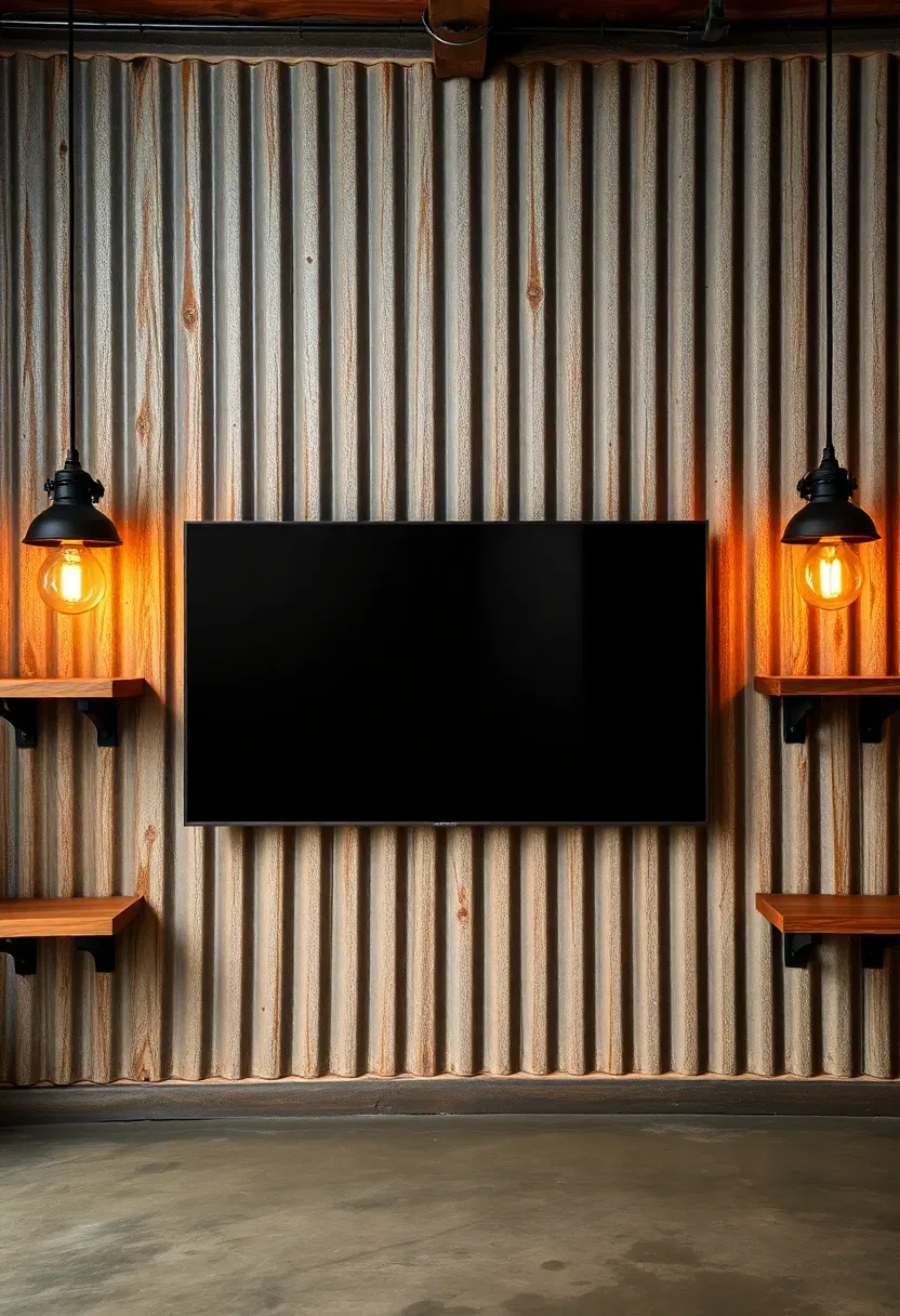 Corrugated galvanized metal panels on a basement wall behind a mounted TV with industrial pendant lights and raw wood accents