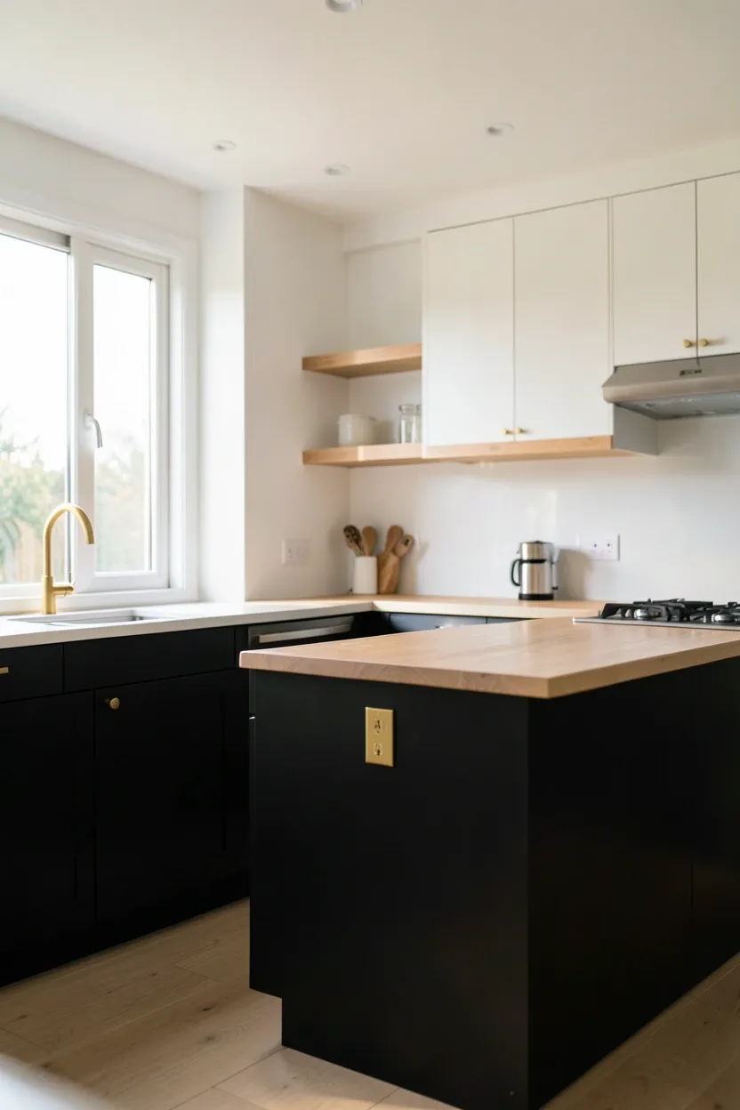 Hyper-realistic eye-level photograph of a modern kitchen with matte black lower cabinets, white upper cabinets, light oak island, oak floating shelves. Natural morning light streaming through window. Materials: matte black, white oak, brass hardware. Balanced mood. Shallow depth of field, sharp details on wood grain. No text, no logos, no watermarks.</p>