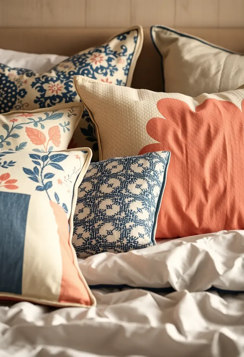 Handmade custom throw pillows in bold geometric fabric arranged on a teen bed — easy DIY sewing project for bedroom decor