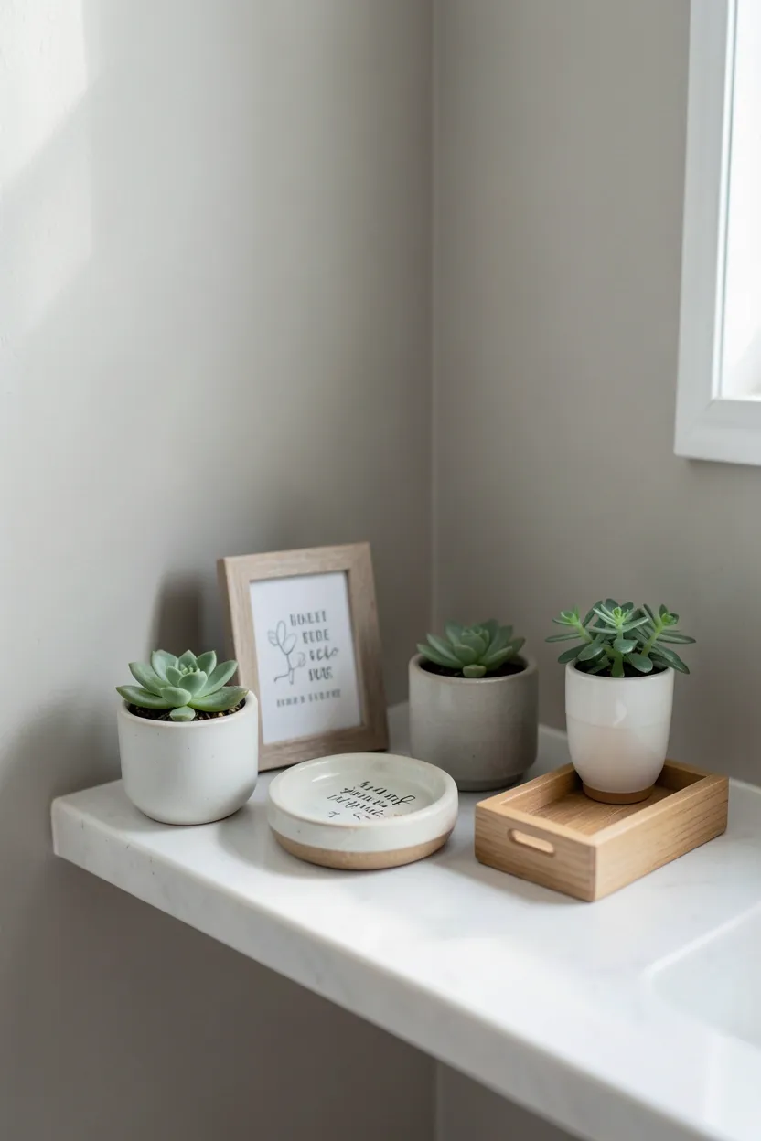 Reed diffuser and pillar candle displayed on a small tray with greenery on a bathroom shelf for a spa-like scent vignette