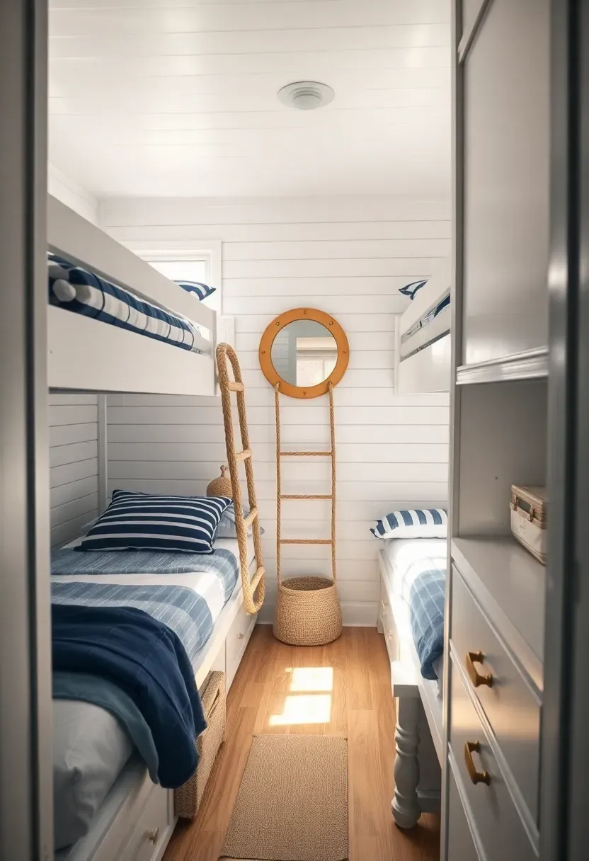 Nautical cabin-style bunk room with ship-lap walls, navy and white striped bedding, and rope ladder