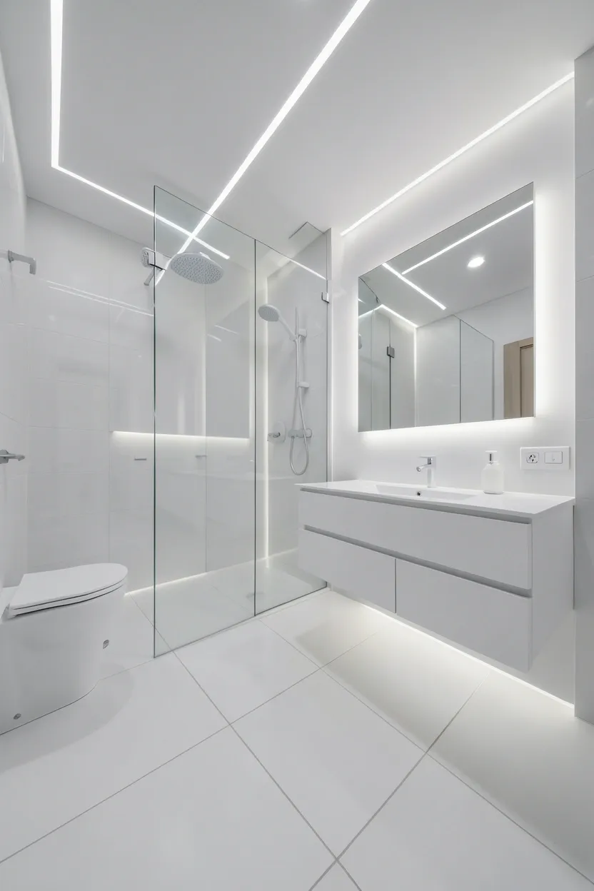 Contemporary white bathroom with LED strips behind vanity mirror, under-cabinet LED glow, waterproof shower LEDs, and large-format white floor tiles