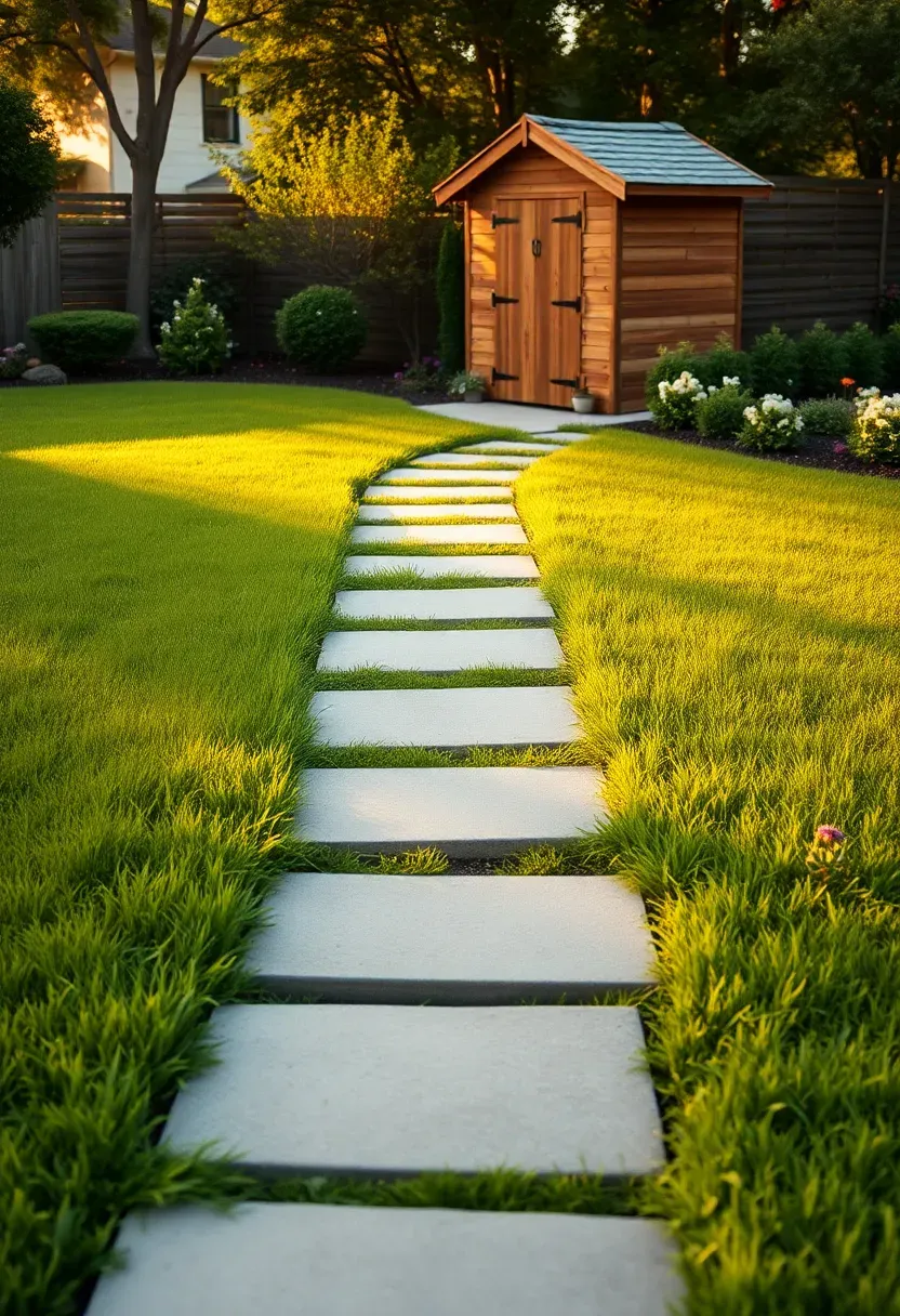Large rectangular concrete stepping stones set into a lush green lawn forming a winding path from a patio toward a garden shed in golden afternoon light
