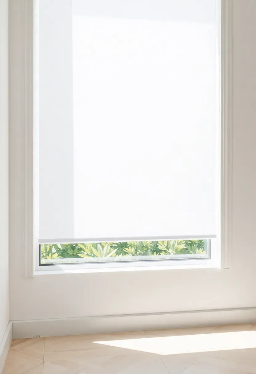 Blackout roller blinds in a sunroom pulled down during summer midday to block solar heat gain, clean white cassette finish