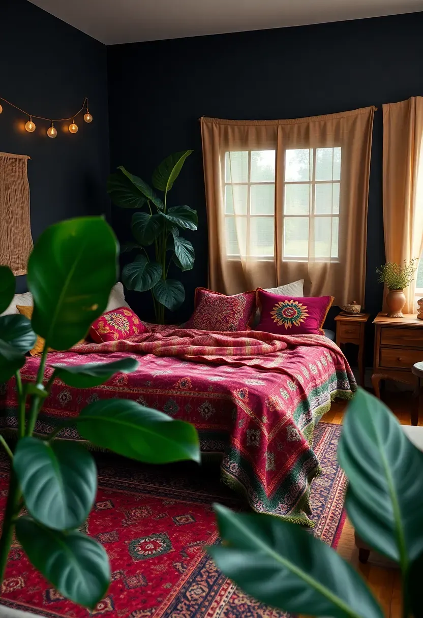 Hyper-realistic wide shot of bohemian bedroom with charcoal walls, layered textiles—Moroccan rug with ruby red and emerald green patterns, Indian quilt with gold embroidery, Turkish pillows in amber and magenta, large monstera plant, mismatched vintage furniture. Materials: charcoal paint walls, layered patterned textiles in rich jewel tones, dark green plant leaves, warm wood vintage furniture. Warm ambient string light glow (2700K), soft window light filtering through sheer textiles. Rich layered bohemian mood, shallow depth of field showing textile abundance. No text, no logos, no watermarks.</p>