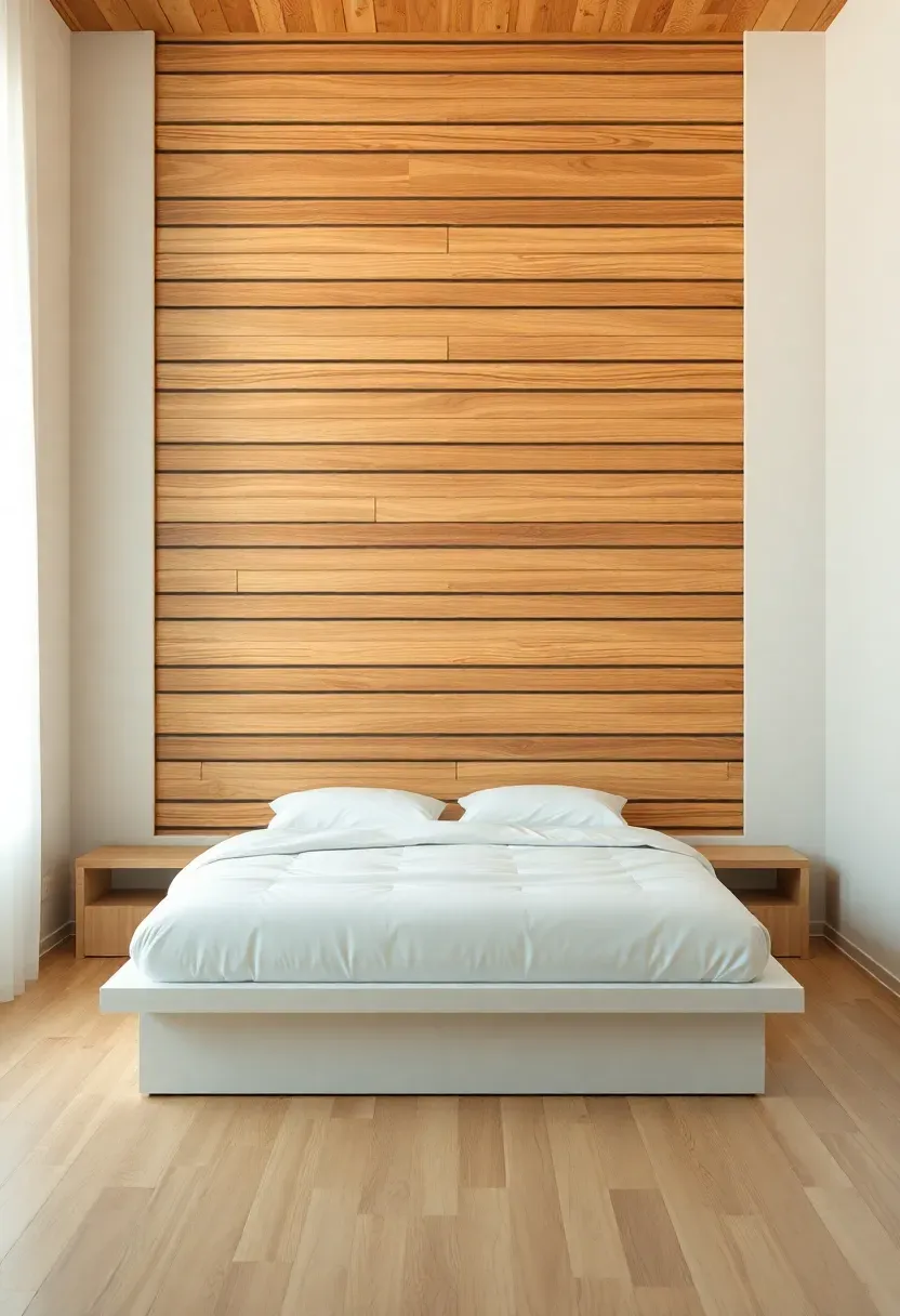 Hyper-realistic frontal view of a minimalist bedroom with a horizontal wood slat feature wall behind the bed. Materials: evenly spaced horizontal oak slats 2 inches wide with natural finish, consistent shadow gaps between slats, simple white platform bed in front, white bedding, smooth cream-painted side walls, light oak floor. Soft diffused side light creating rhythmic shadows between slats emphasizing depth. Clean architectural detail with precise spacing. Uncluttered room with minimal furniture.</p>