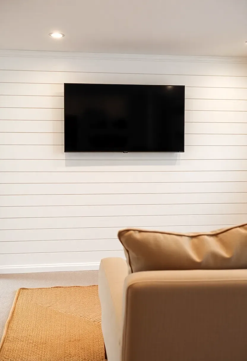 White shiplap panel wall behind a TV in a cozy basement den with neutral furniture and warm overhead lighting