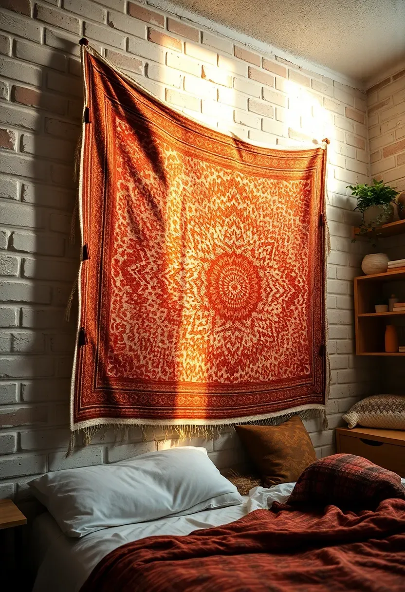 large decorative tapestry on dorm wall with warm tones and bohemian pattern