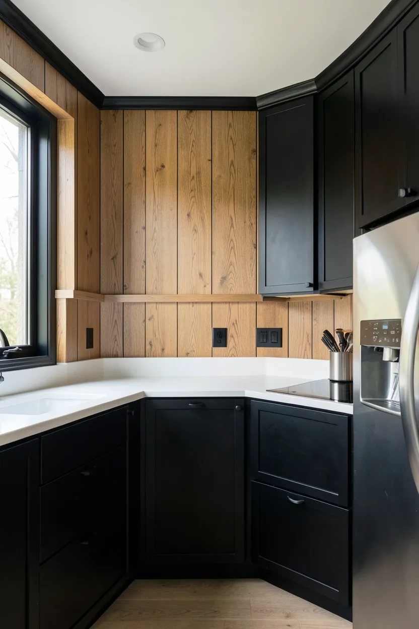 Light oak wood wall paneling with black accent trim and light fixtures — textured kitchen wall treatment with natural warmth