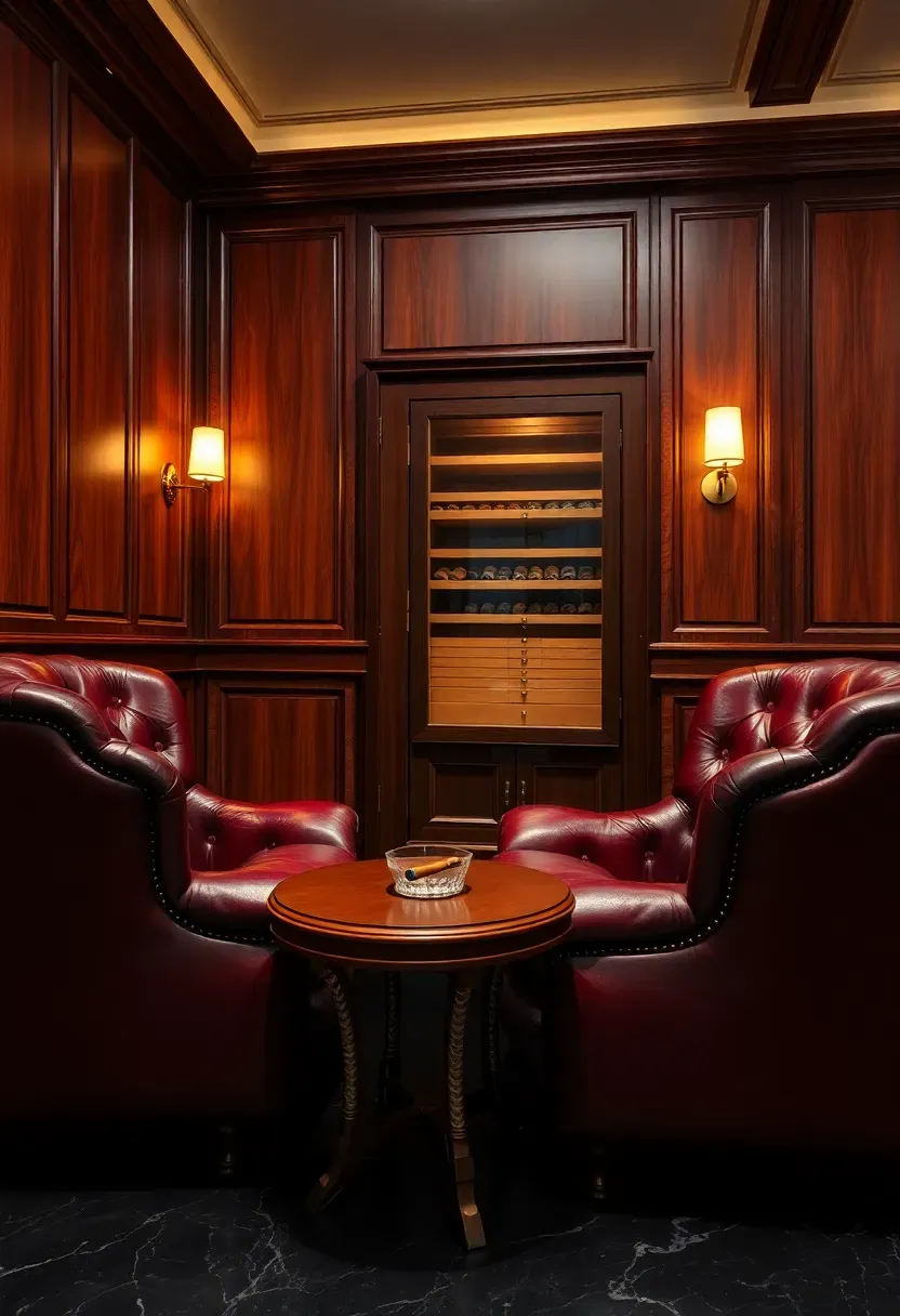 Upscale cigar lounge man cave with dark leather seating, cedar-lined humidor cabinet, ceiling ventilation system, warm wall sconces, and rich mahogany paneling