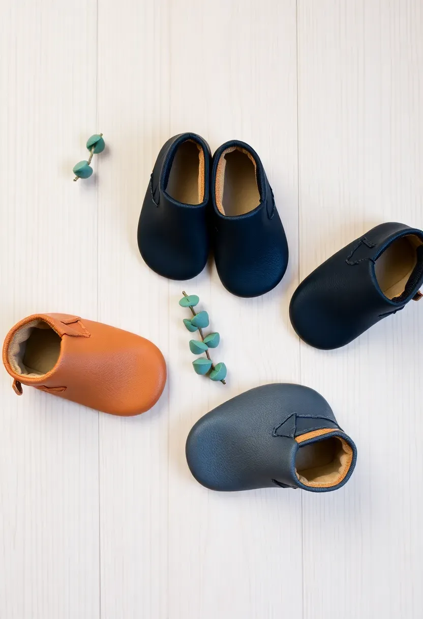 soft leather baby moccasins in tan and navy blue on a wooden surface