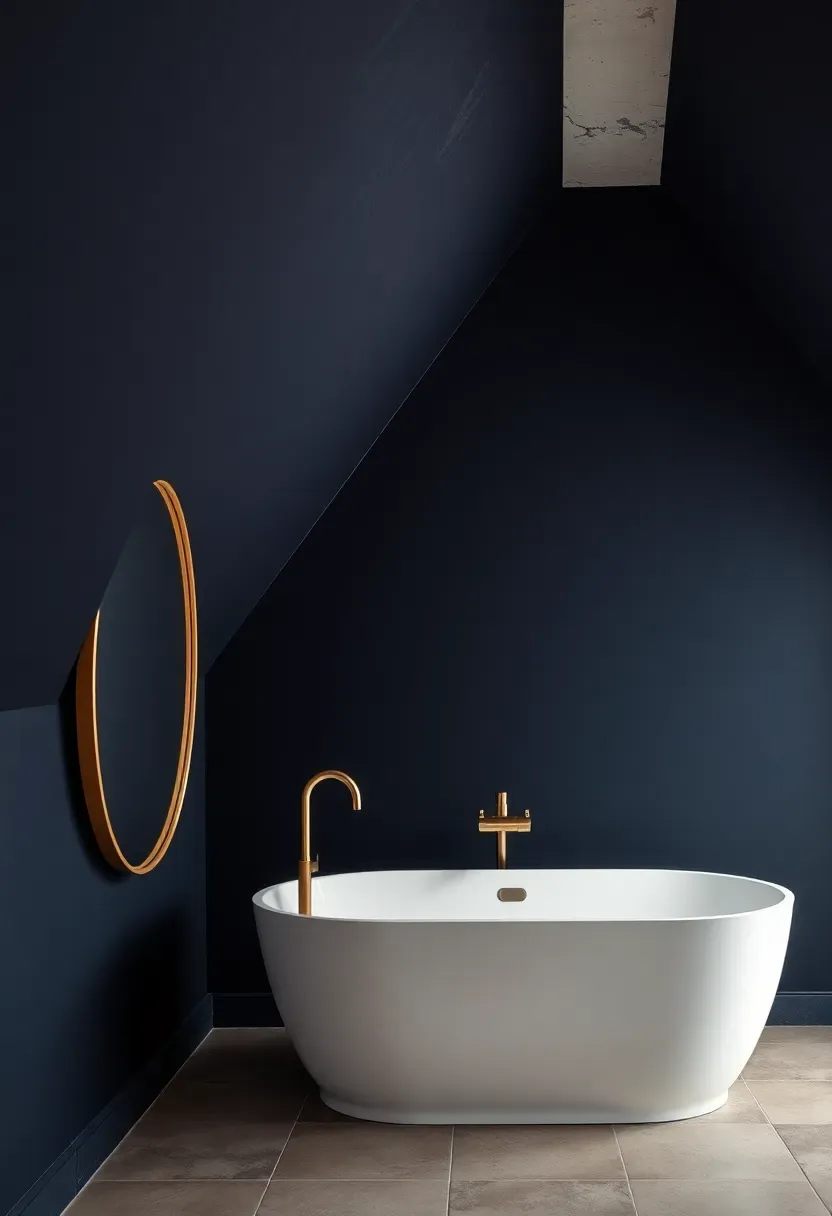 Dramatic attic bathroom with deep navy textured plaster walls following the sloped roofline, white oval freestanding tub, brushed gold floor-mounted tub filler, and arched gold-framed mirror