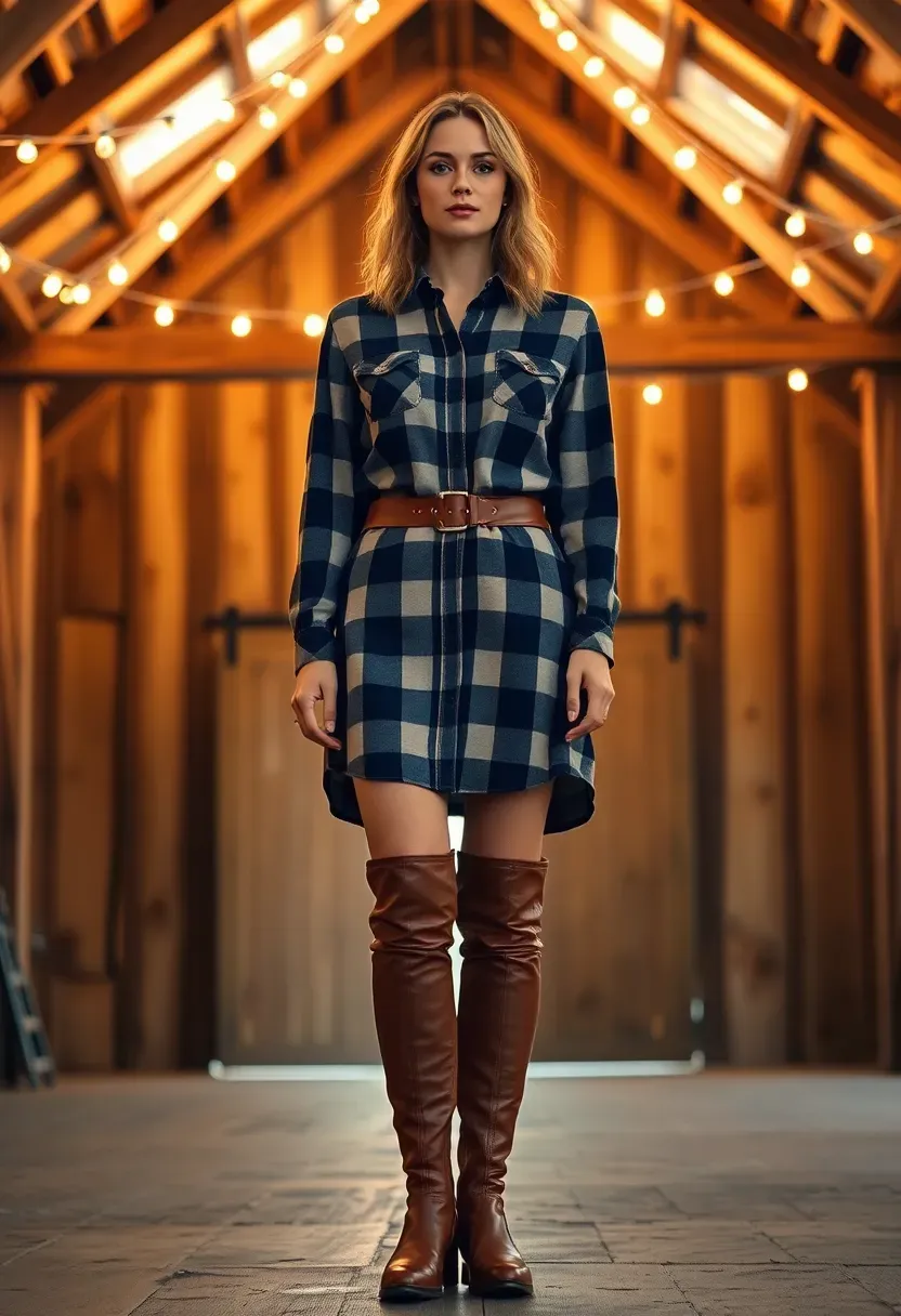 woman in a plaid shirt dress with tall knee-high boots at a rustic winter baby shower