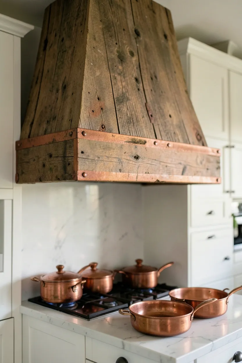 Custom reclaimed wood range hood with aged copper banding detail above a farmhouse kitchen stove