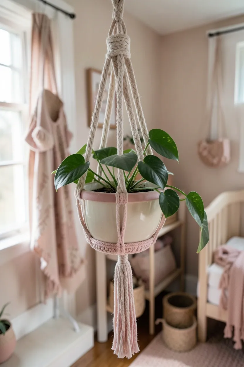 Macramé hanging planter with trailing pothos and pink accent ribbon in bright boho nursery corner