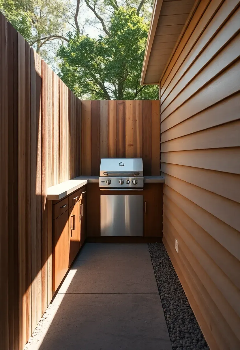 Narrow galley-style outdoor kitchen built along a side yard fence with counters on one side and a walkway on the other