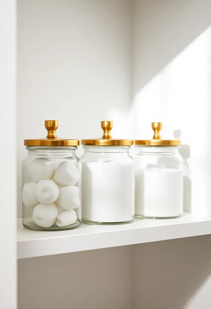 Bathroom linen closet shelf with three apothecary-style clear glass jars holding cotton balls, bath salts, and cotton swabs with brass lids