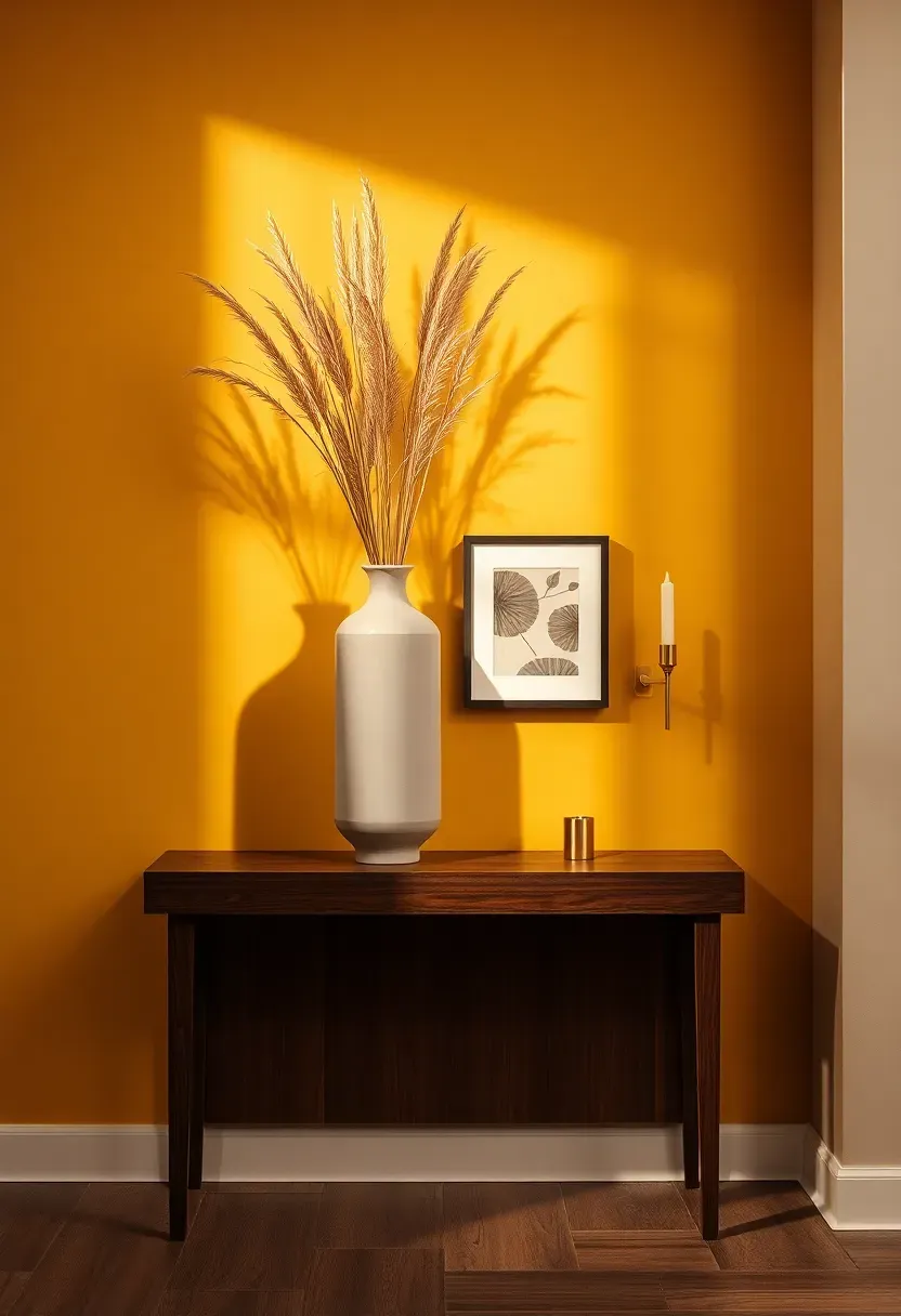 Basement accent wall painted warm ochre yellow behind a wooden console table with decorative objects