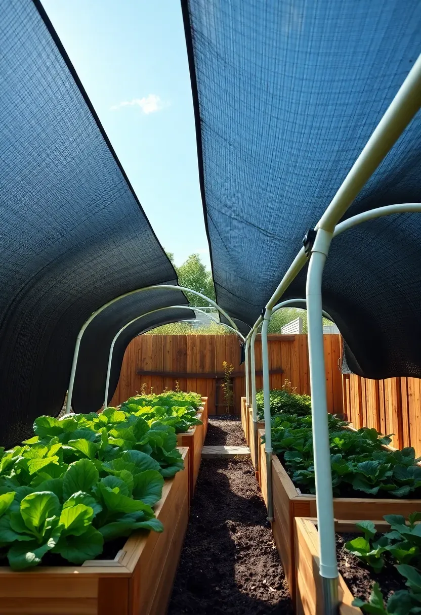 Black knitted shade cloth stretched over raised garden beds full of leafy greens and vegetables in a sunny backyard