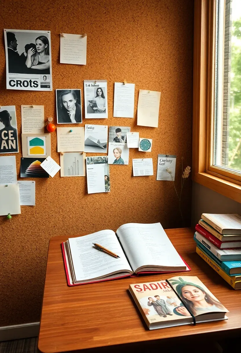 She shed vision board and creative planning studio with floor-to-ceiling corkboard wall pinned with magazine clippings, fabric swatches and notes, low writing desk with open notebook and fine pens