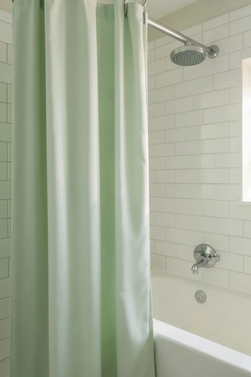 Pale mint green linen shower curtain with subtle stripe texture hung in a small white apartment bathroom on a chrome curved rod