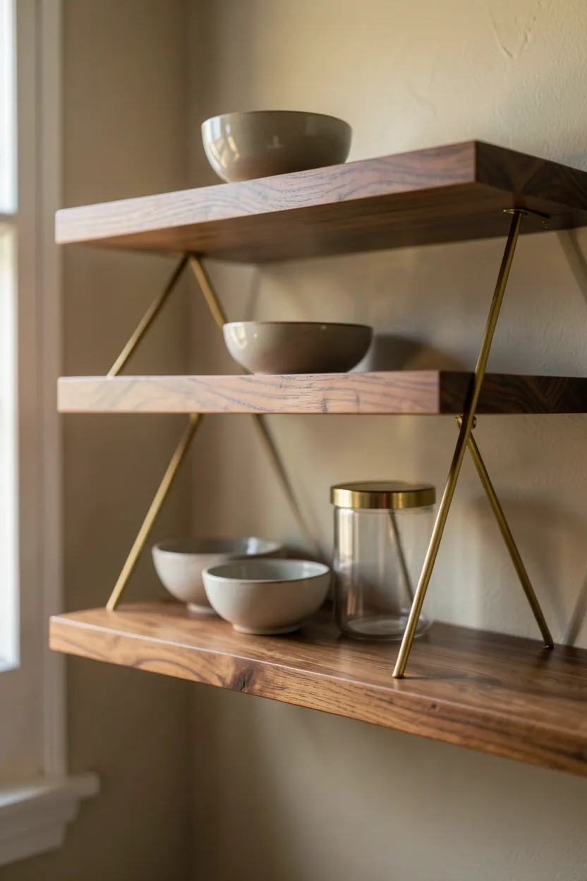 Floating wood shelves with brass brackets