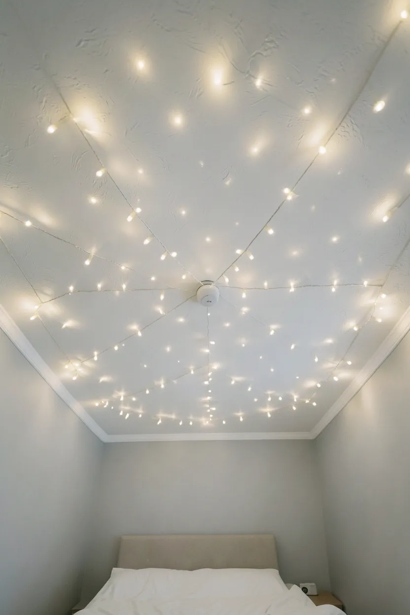 Hyper-realistic overhead photograph looking up at a white bedroom ceiling with scattered warm white fairy lights creating a random star constellation pattern. Four corners of room visible with light grey walls, bed faintly visible below. Soft room lighting. Materials: warm LED lights, painted ceiling, white bedding. Dreamy celestial mood. Sharp details on light points and ceiling texture. No text, no logos, no watermarks.</p>